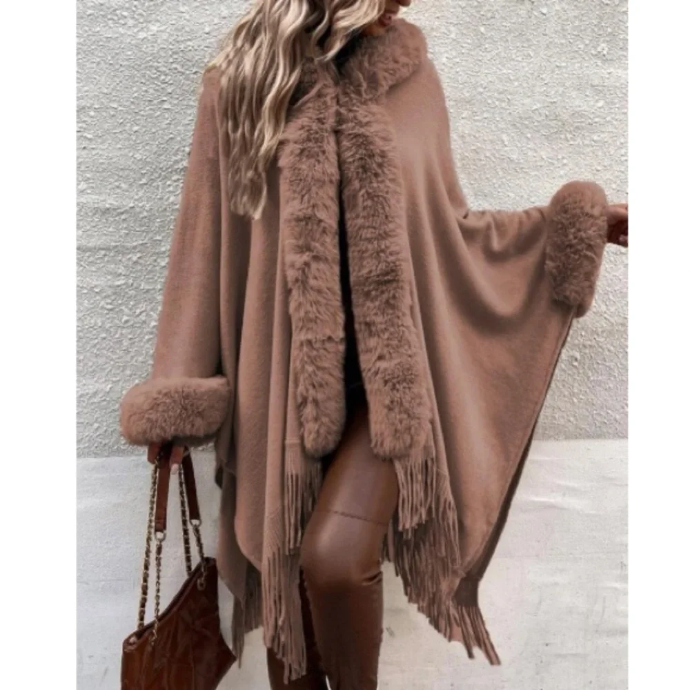 Cozy vegan fur dolman sleeve tssel poncho shawl scarf wrap cardigan - Picture 2 of 16